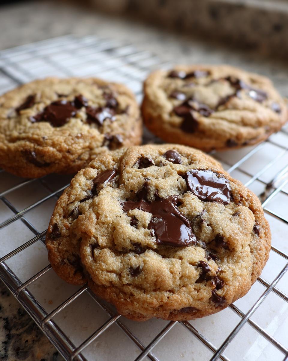 Close-up of gooey vegan chocolate chip cookies cooling on a wire rack, featuring melted chocolate chunks.