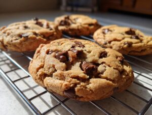 Close-up of several chewy vegan chocolate chip cookies cooling on a wire rack in bright sunlight.