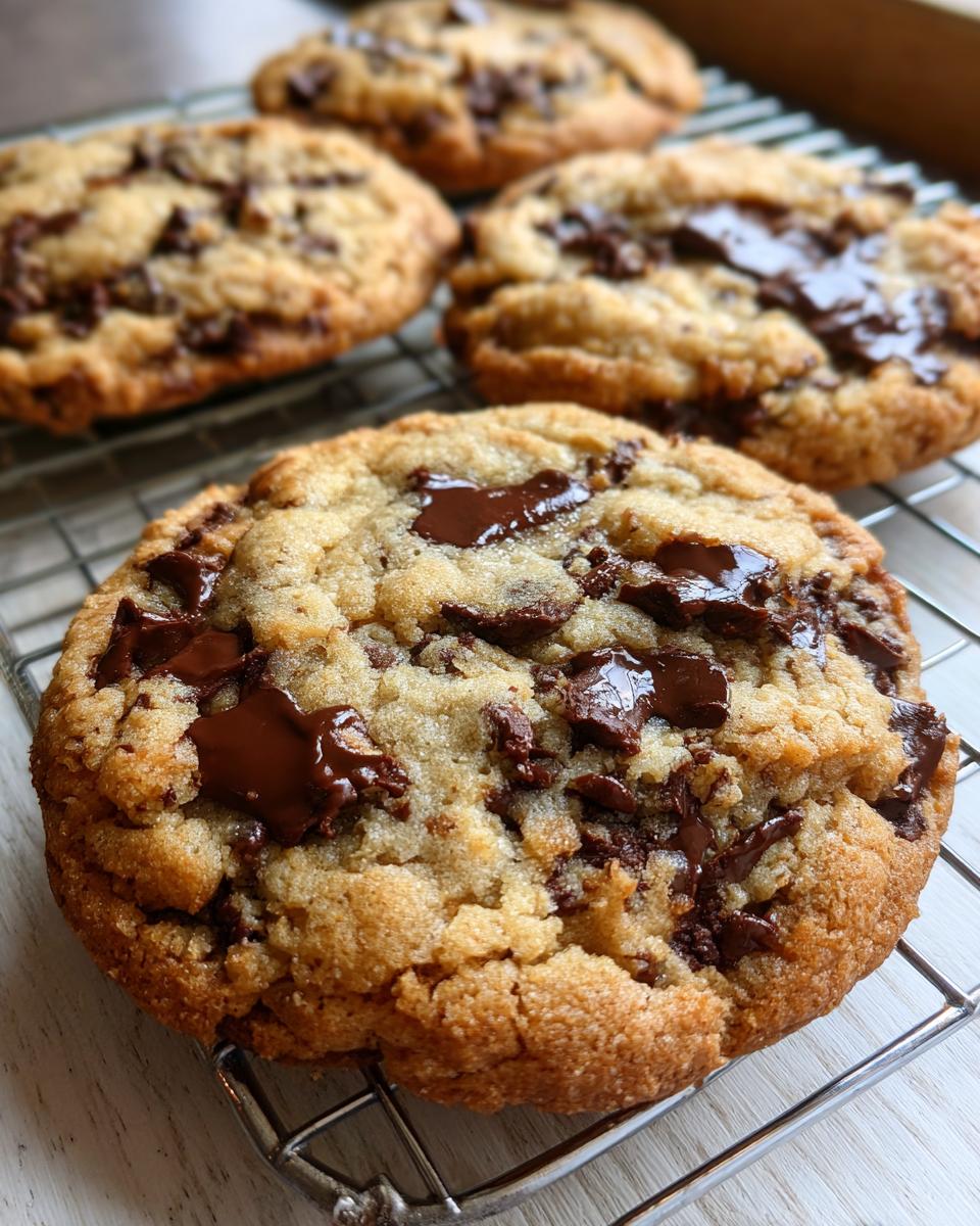A close-up of a freshly baked, thick vegan chocolate chip cookie with melted chocolate chunks cooling on a wire rack.