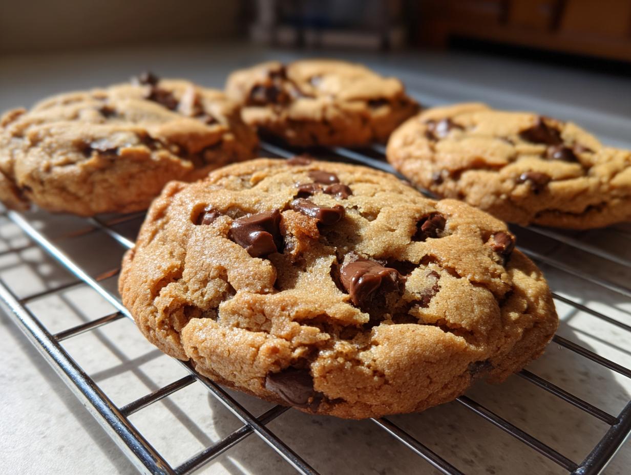 Close-up of several chewy vegan chocolate chip cookies cooling on a wire rack in bright sunlight.