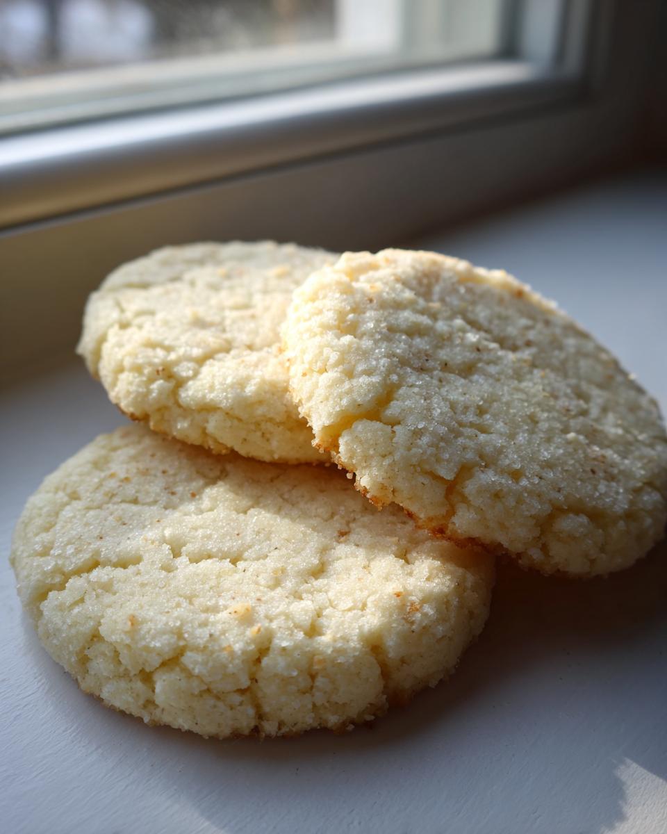 Three soft, round vegan sugar cookies dusted with sugar, resting on a white surface near a window.
