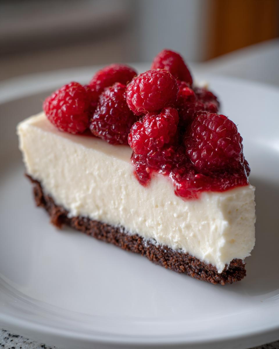 A close-up of a slice of white chocolate mousse tart with a dark crust, topped generously with fresh raspberries and sauce.