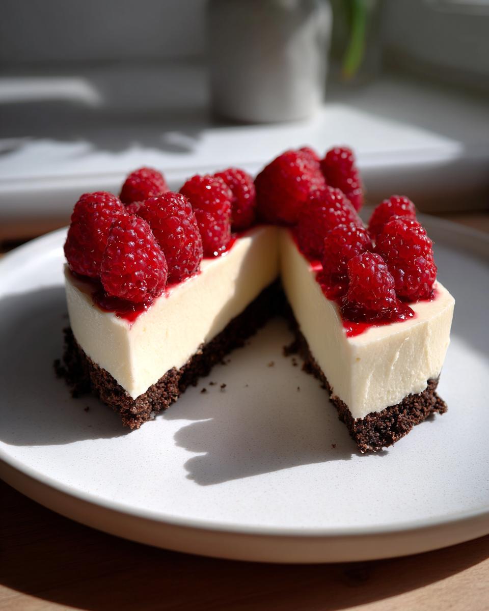 A slice of white chocolate mousse tart with a dark crust, topped with fresh raspberries and a drizzle of raspberry sauce.