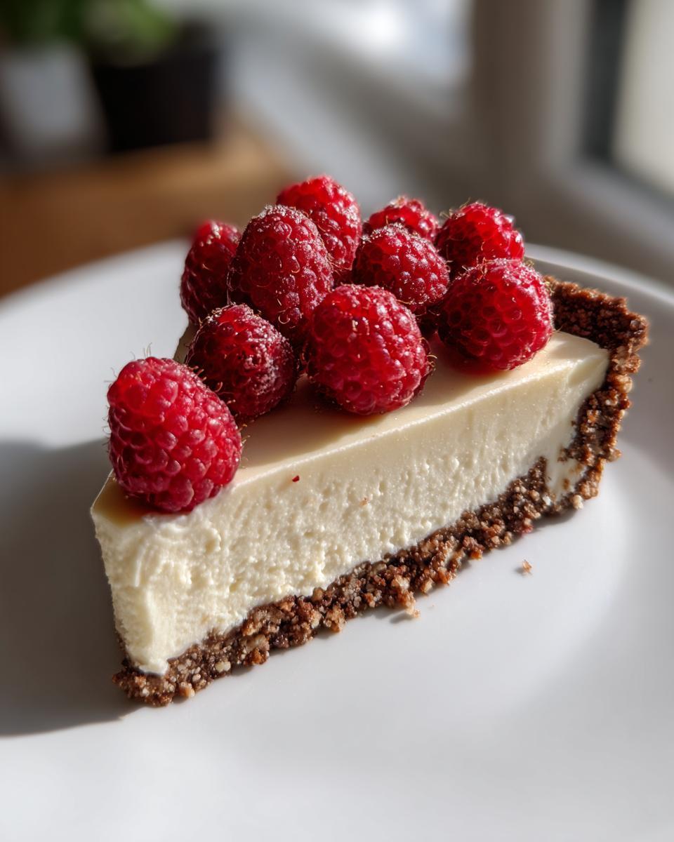 A single slice of creamy white chocolate mousse tart with a dark crust, topped generously with fresh red raspberries.