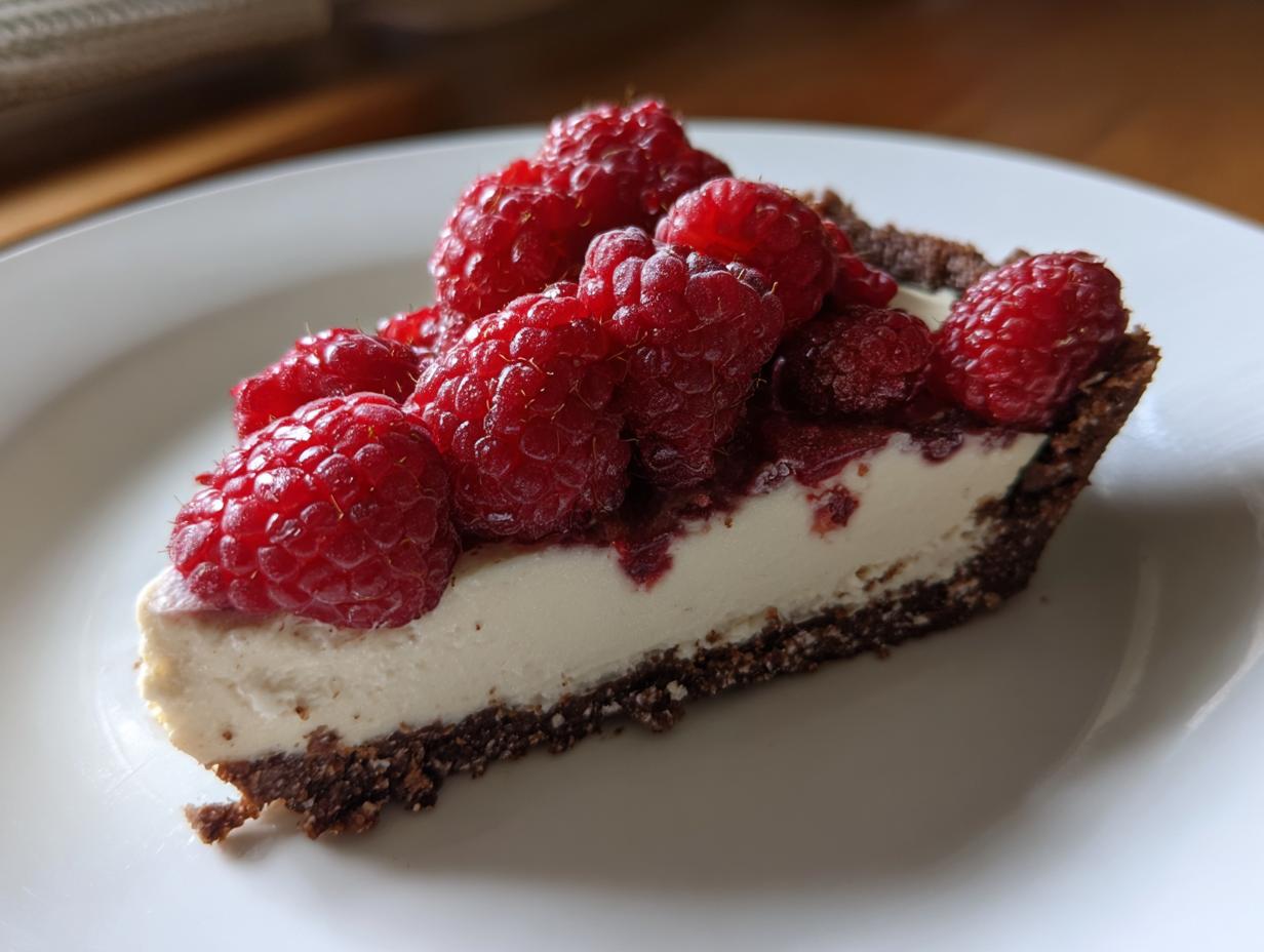 A slice of white chocolate mousse tart featuring a dark crust and topped generously with fresh, bright red raspberries.
