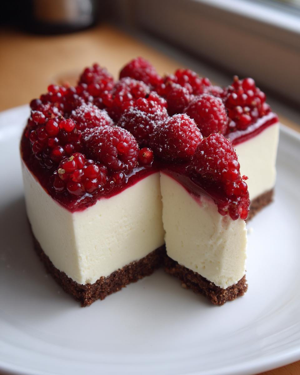 A slice removed from a rich white chocolate mousse tart topped with fresh raspberries and red currant glaze.
