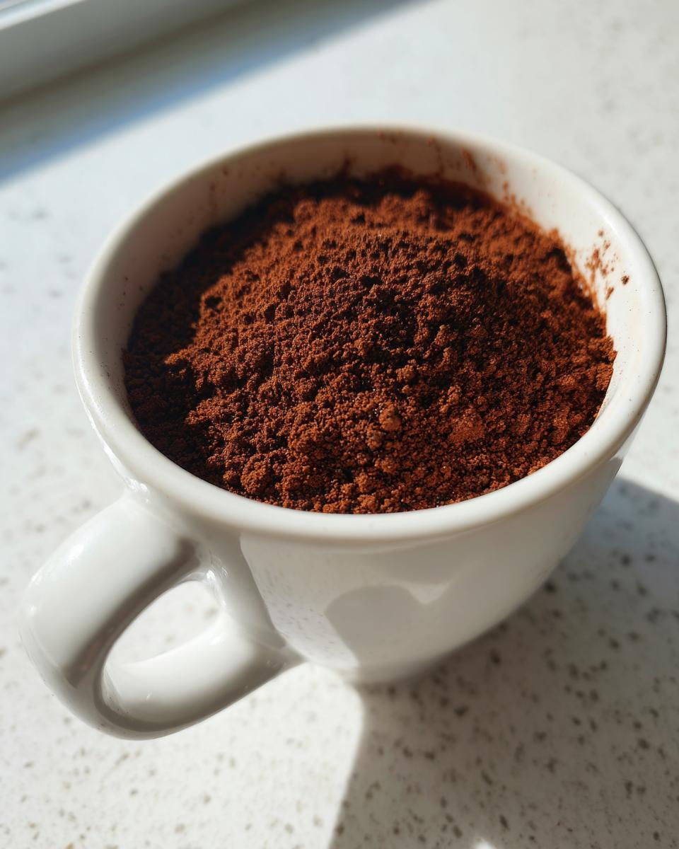 A white mug filled to the brim with rich, dark brown homemade hot cocoa mix powder.