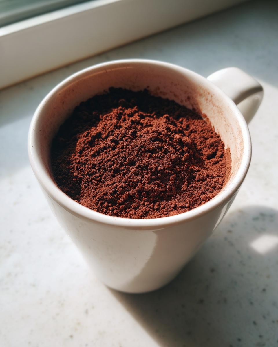 Close-up of a white mug filled to the brim with rich, dark brown hot cocoa mix powder.