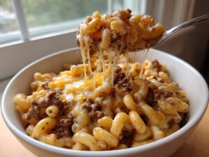 A spoonful of cheesy, saucy taco pasta being lifted from a white bowl, showing extreme cheese pull.