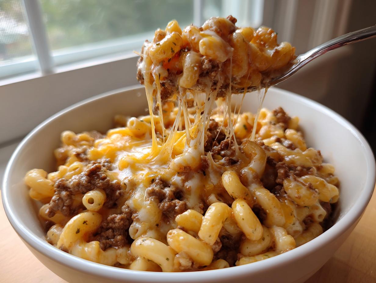 A spoonful of cheesy, saucy taco pasta being lifted from a white bowl, showing extreme cheese pull.