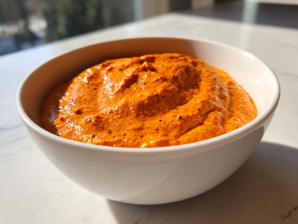 Close-up of a bright orange, creamy chili cheese dip served in a white bowl on a marble surface.