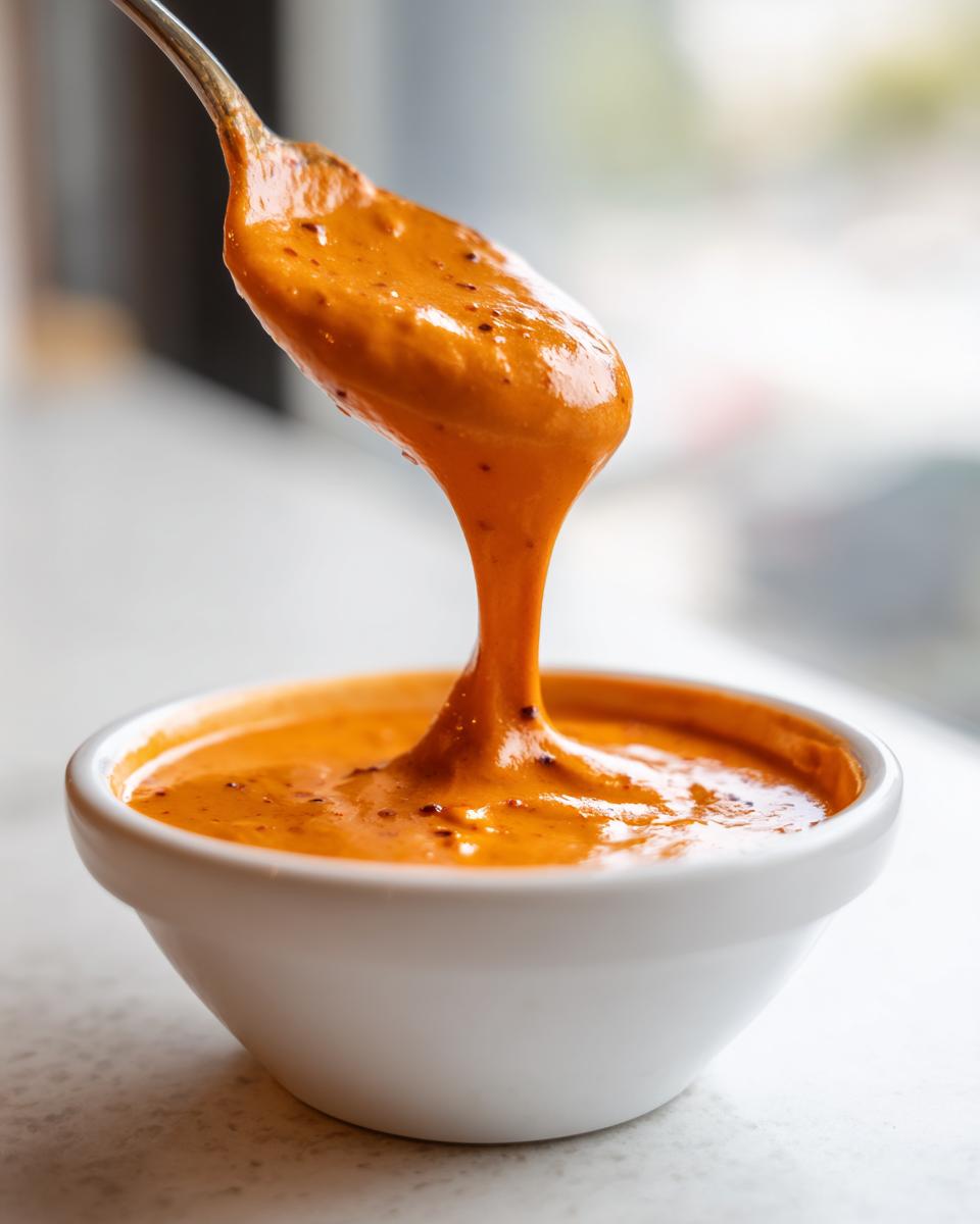 Close-up of thick, orange chili cheese dip dripping from a spoon back into a white bowl.