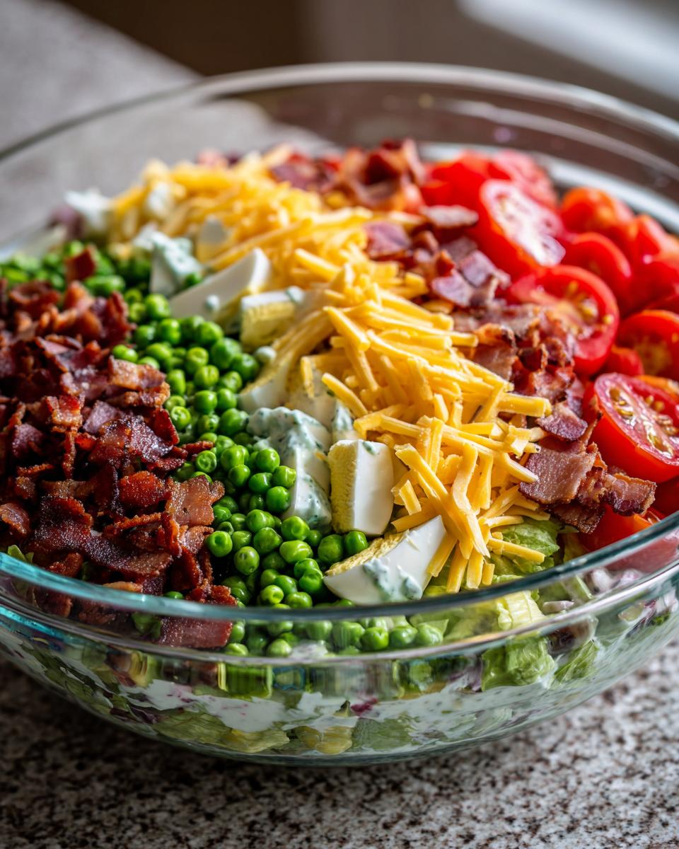 Close-up of the top layers of a 7 layer salad showing peas, bacon, cheese, eggs, and tomatoes.