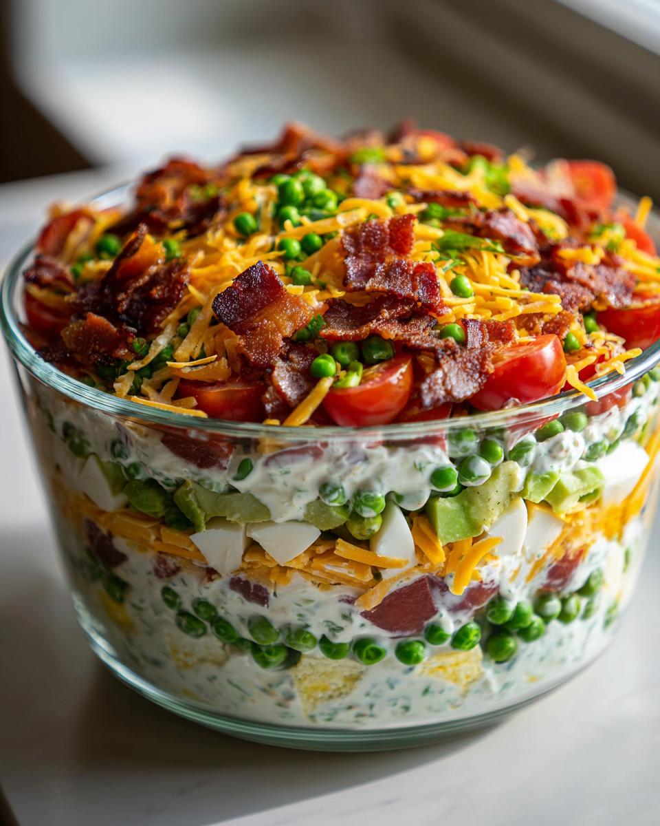 A clear glass bowl showcasing the distinct layers of an Amazing 7 Layer Salad, topped with bacon and cheese.