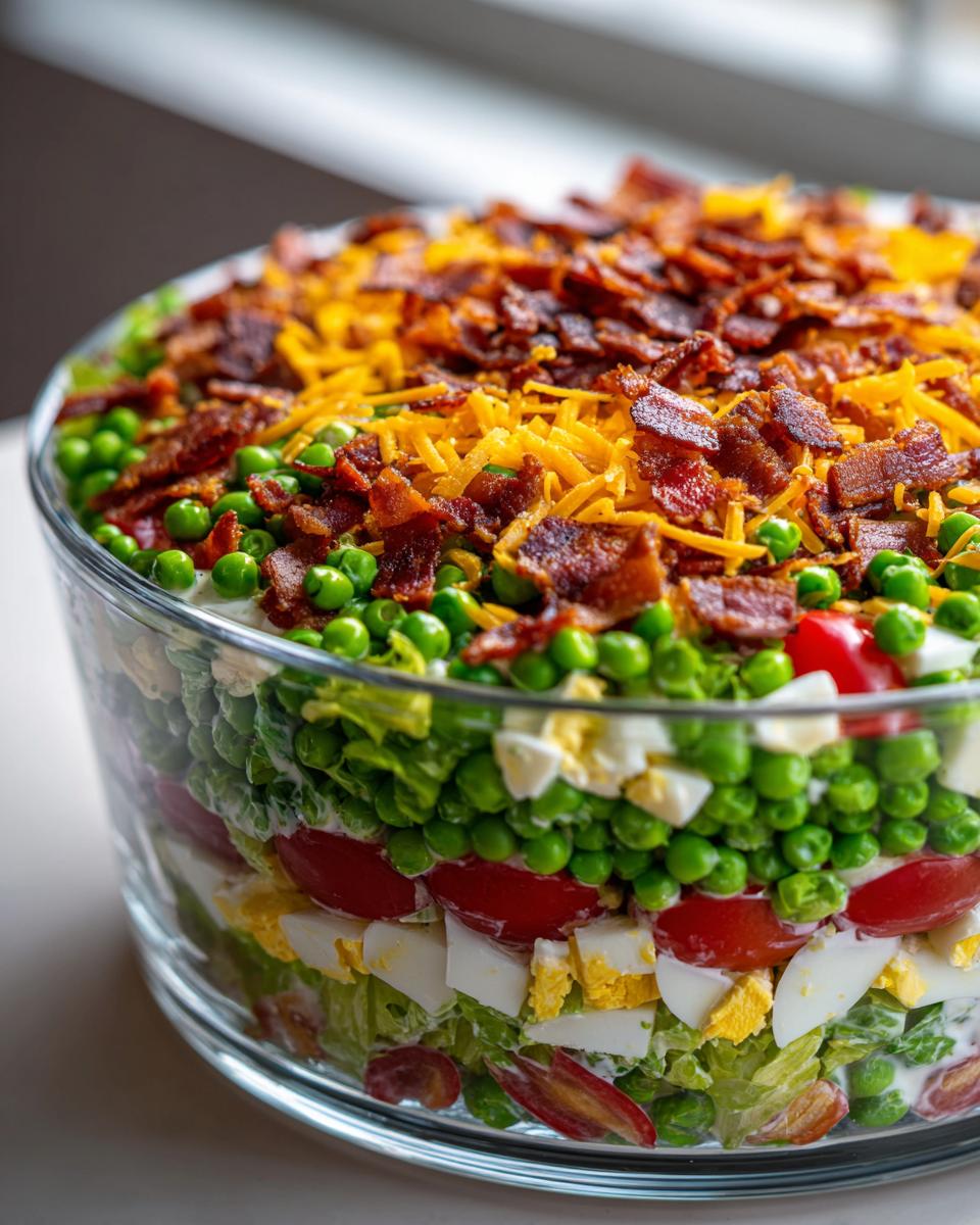 Close-up of a clear glass bowl filled with the distinct layers of an amazing 7 layer salad, topped with bacon and cheese.