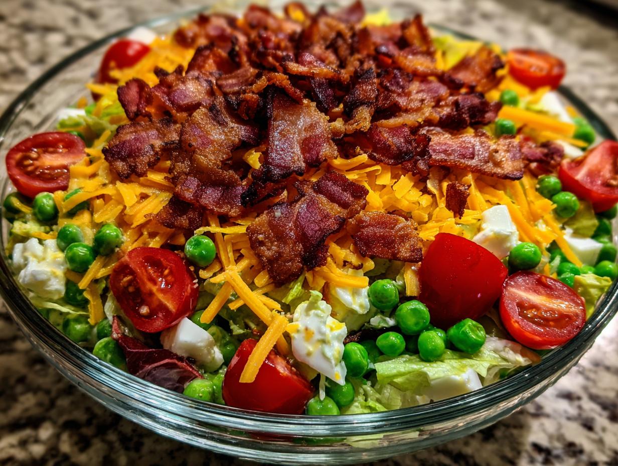 Close-up of the top layer of an amazing 7 layer salad featuring bacon, shredded cheese, peas, and tomatoes.