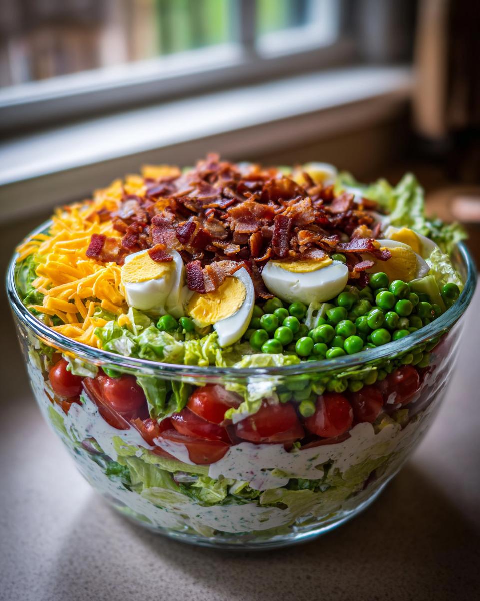Close-up of a glass bowl filled with Amazing 7 Layer Salad, topped with bacon, eggs, cheese, and peas.