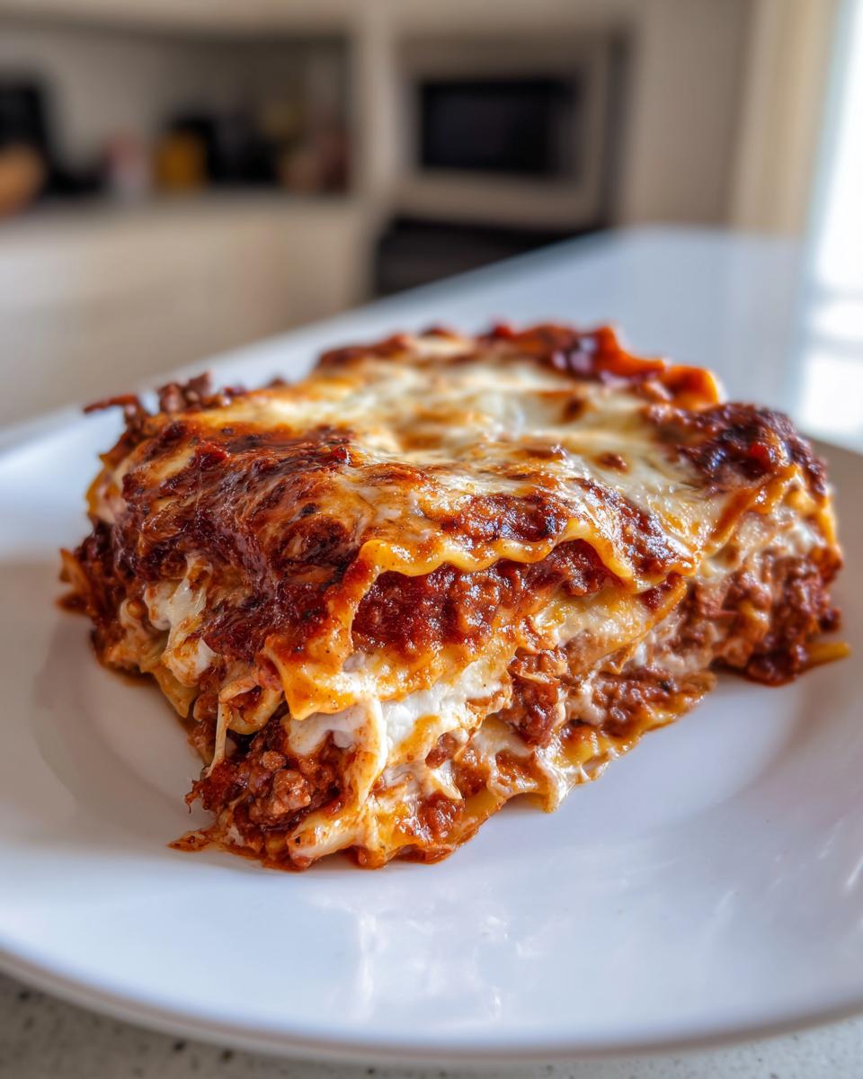 A generous slice of cheesy baked ravioli, layered with meat sauce and melted cheese, ready to eat.
