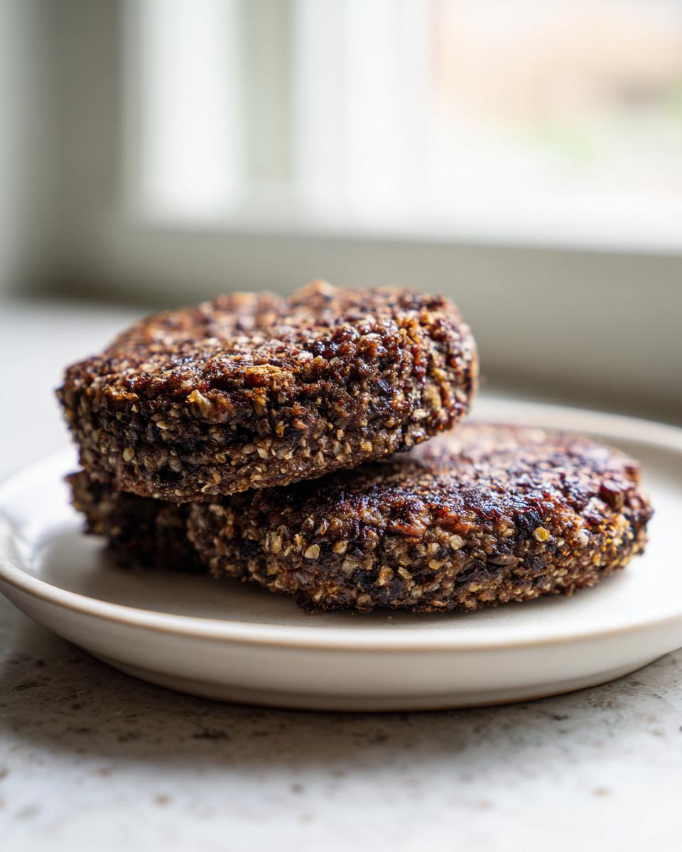 Close-up of two perfectly seared black bean burger patties stacked on a small, light-colored plate.