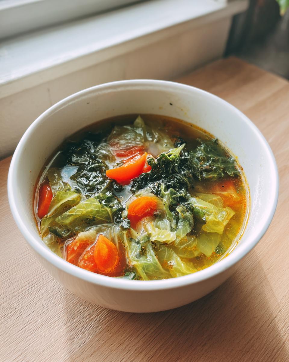 A close-up of a white bowl filled with amazing cabbage soup, featuring large pieces of cabbage, carrots, and kale in broth.
