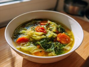 A close-up of a white bowl filled with vibrant, chunky cabbage soup featuring large pieces of cooked cabbage and carrots.