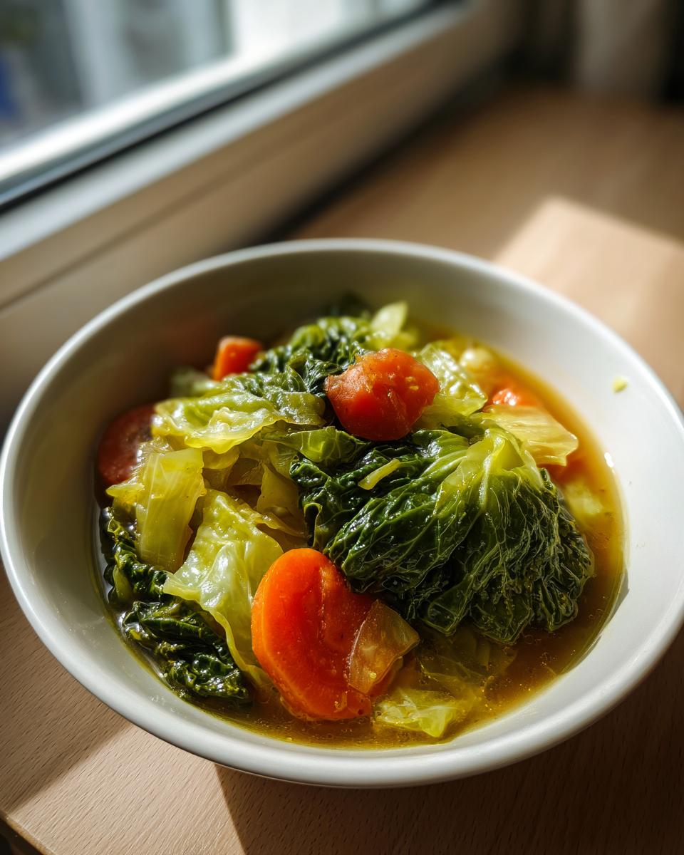 A close-up of a white bowl filled with amazing cabbage soup, featuring large pieces of green cabbage and bright orange carrots.