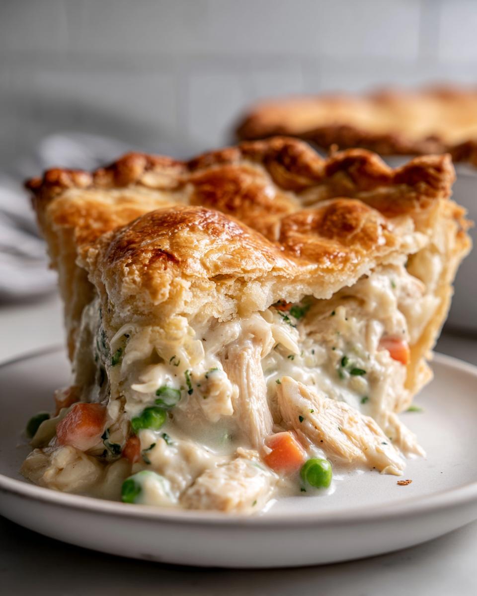 Close-up of a slice of chicken pot pie recipe showing creamy filling with shredded chicken, peas, and carrots.