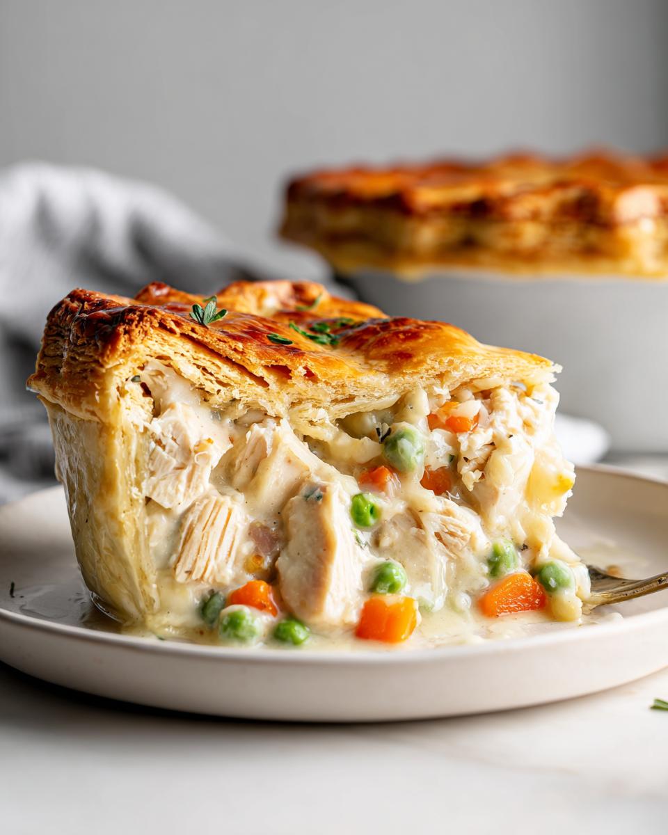 Close-up of a slice of chicken pot pie recipe showing creamy filling, chicken chunks, peas, and carrots under a golden, flaky puff pastry crust.