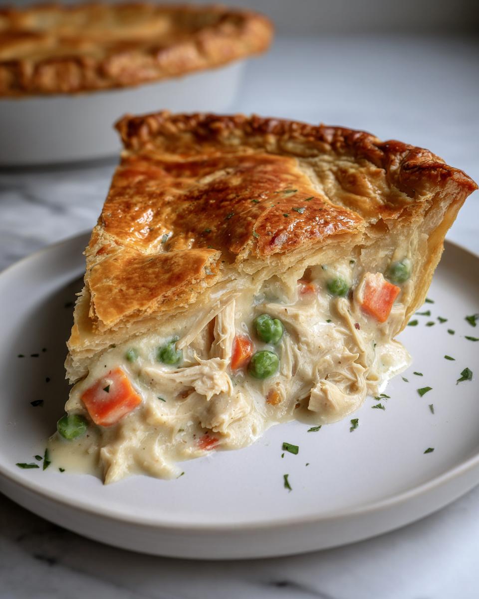 Close-up of a slice of chicken pot pie recipe showing creamy filling, shredded chicken, peas, and carrots under a golden, flaky crust.