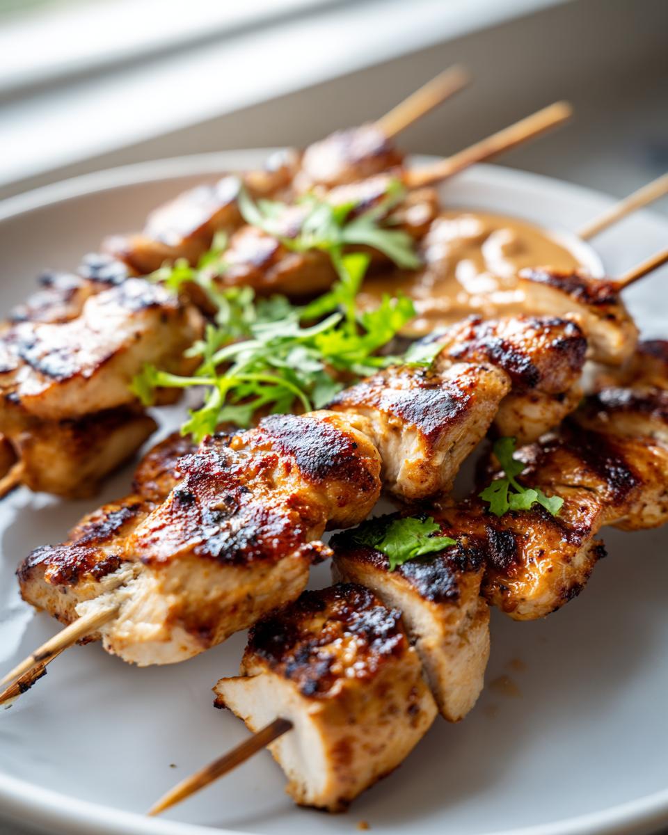 Close-up of perfectly grilled chicken satay skewers served with peanut sauce and fresh cilantro garnish.