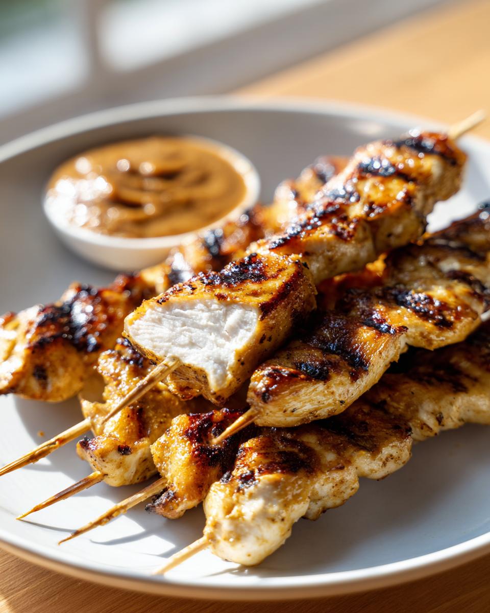 Close-up of grilled chicken satay skewers on a plate with a side of peanut dipping sauce.
