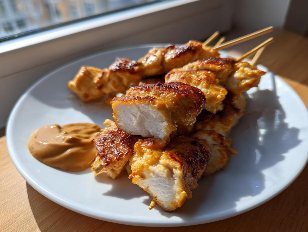 Close-up of perfectly cooked chicken satay skewers, one piece cut open showing juicy white meat, served with peanut sauce.