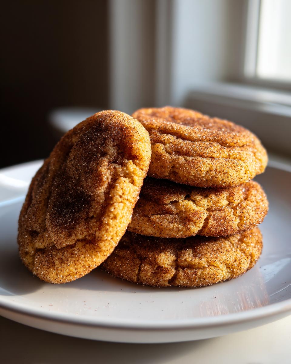 A stack of four soft, chewy cinnamon cookies generously coated in cinnamon sugar, sitting on a white plate.
