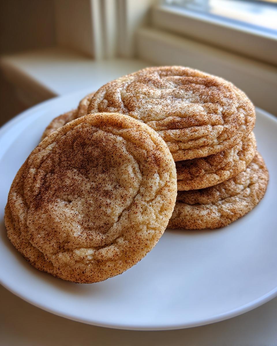 A stack of soft, crinkly cinnamon cookies generously coated in cinnamon sugar, resting on a white plate.