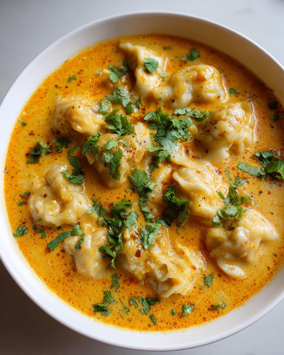 Close-up of dumplings submerged in rich, orange coconut curry soup, garnished with fresh cilantro.