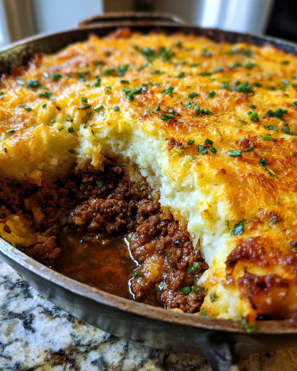 Close-up of a freshly baked cottage pie with a scoop removed, showing the rich meat filling and golden, cheesy mashed potato topping.