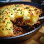 A spoonful of rich cottage pie filling being lifted from a skillet topped with golden, browned mashed potatoes.