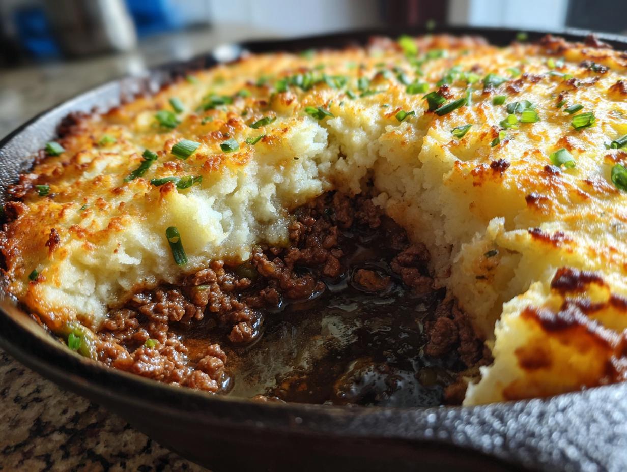 Close-up of a freshly baked cottage pie in a skillet, showing the rich meat filling and browned mashed potato topping.