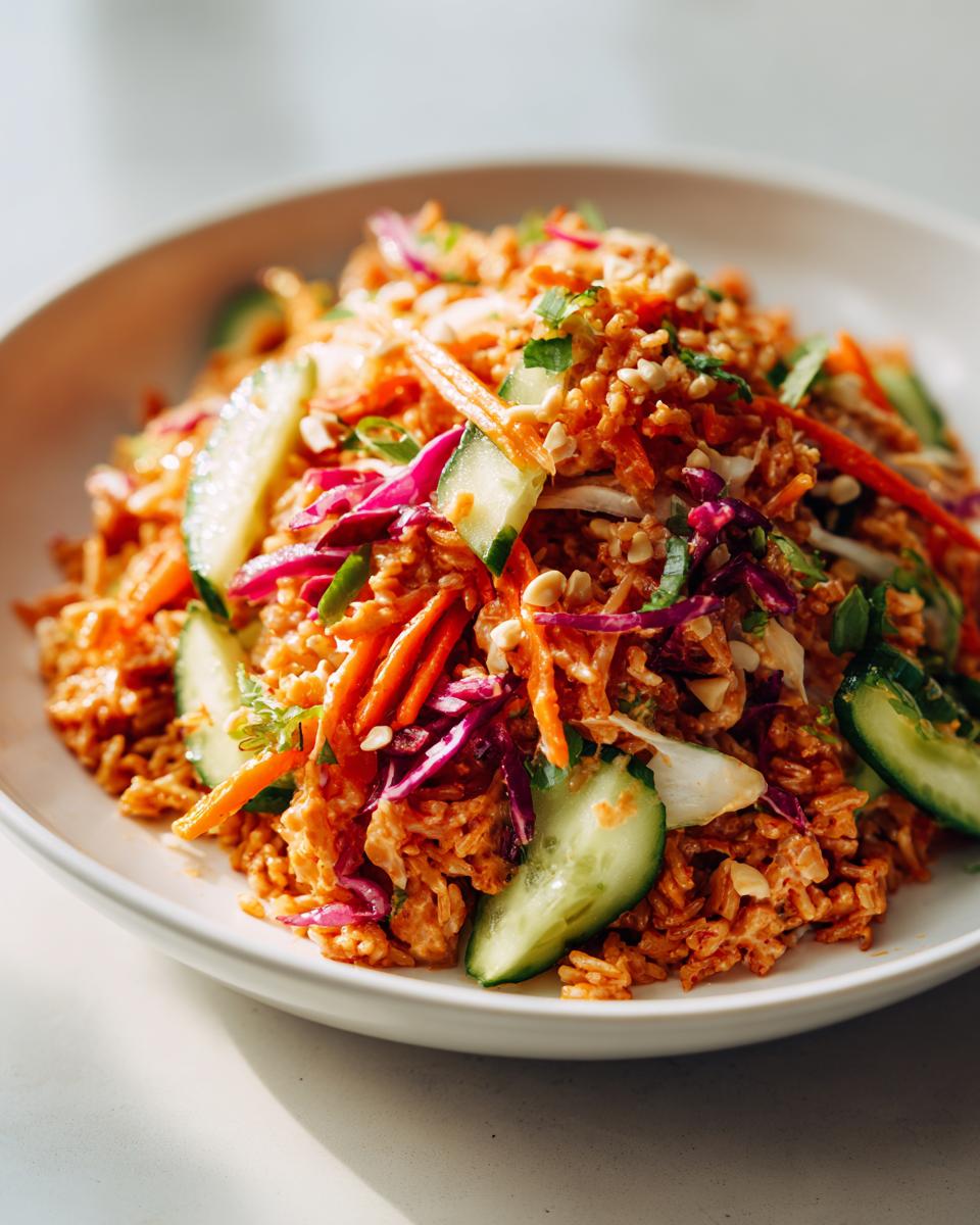 Close-up of a vibrant bowl of crispy rice salad mixed with shredded carrots, red cabbage, and cucumber slices.