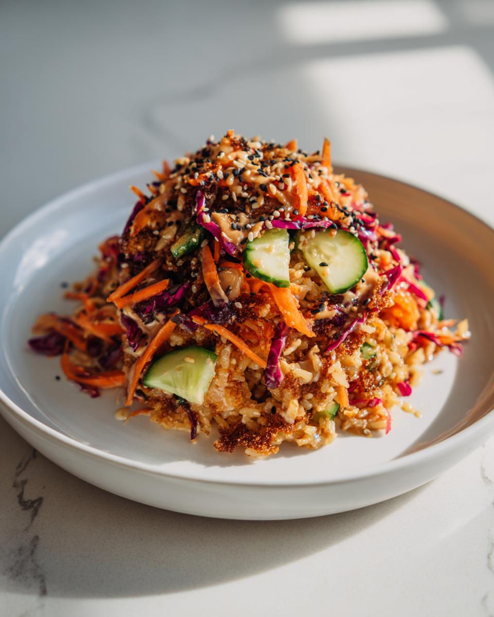 A mound of colorful crispy rice salad topped with shredded carrots, red cabbage, cucumber slices, and sesame seeds.