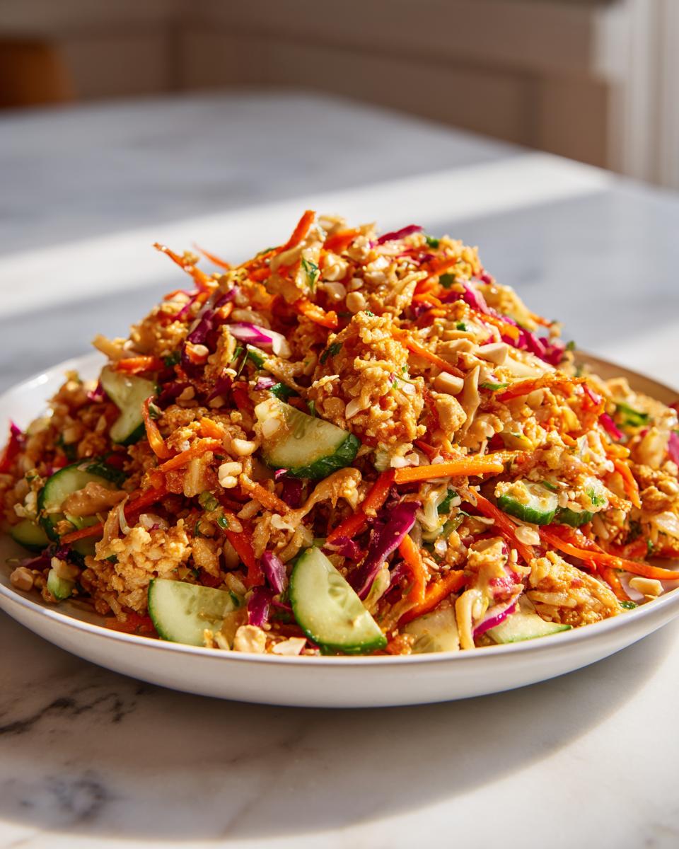 A large mound of amazing crispy rice salad mixed with shredded carrots, red cabbage, cucumber slices, and peanuts.