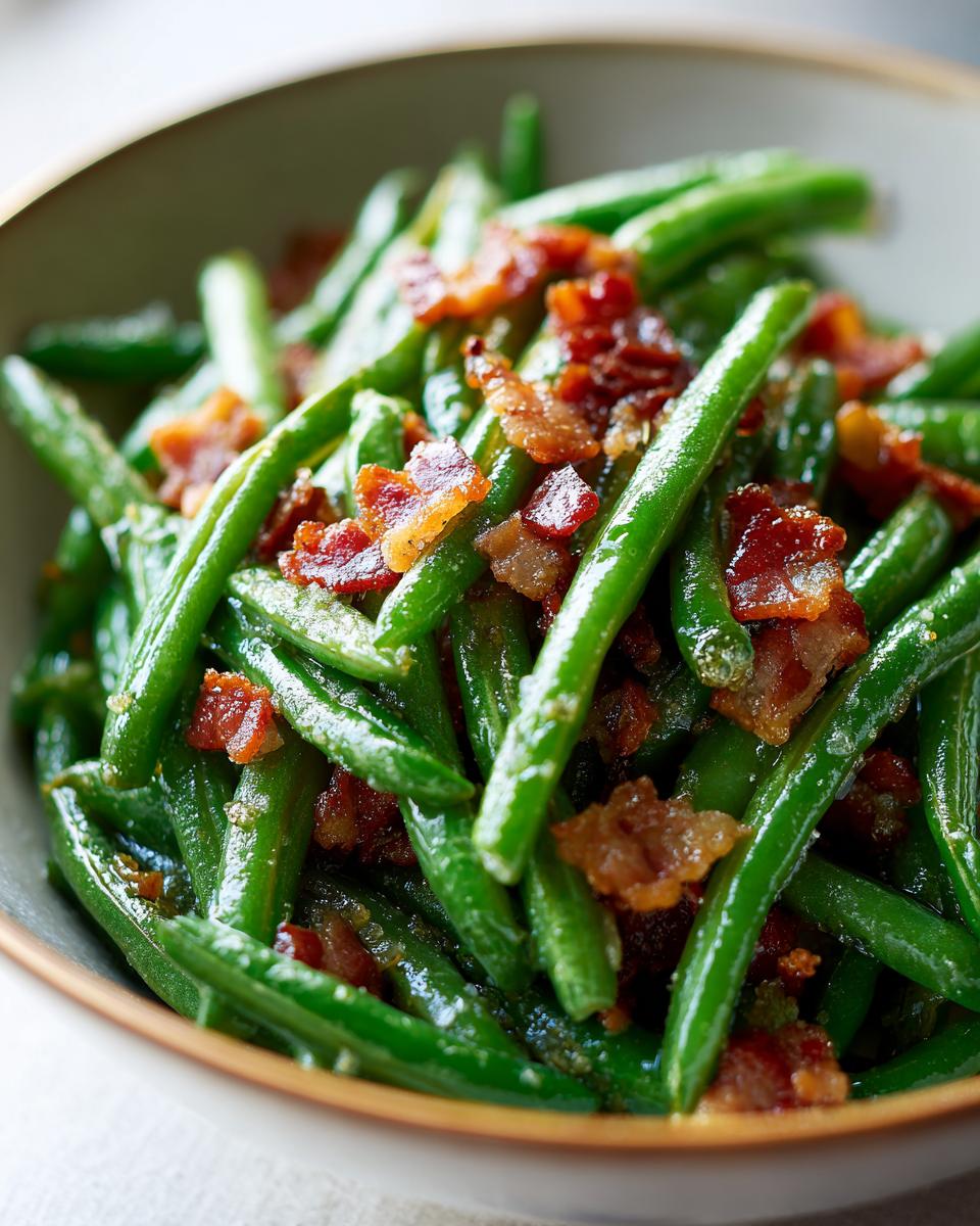 Close-up of bright green beans tossed with crispy bacon bits in a small bowl.