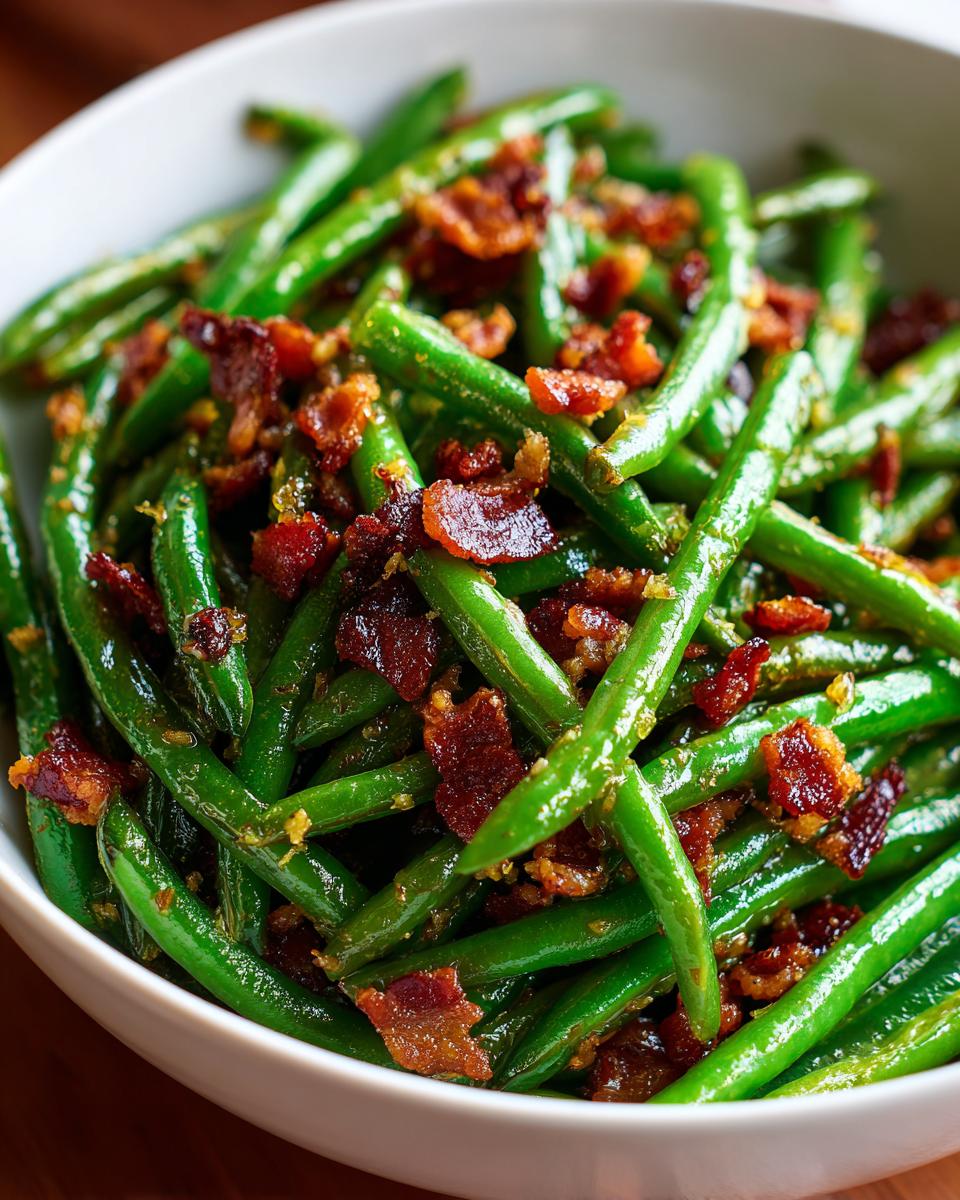 Close-up of vibrant, glossy green beans tossed with crispy bacon bits, served in a white bowl.