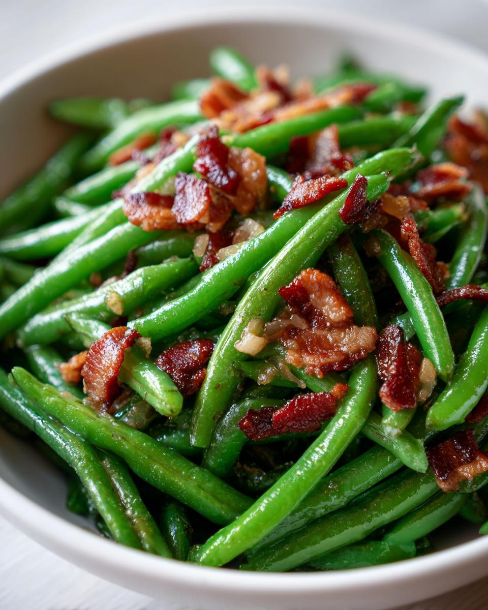 Close-up of vibrant green beans tossed with crispy bacon pieces and shallots in a white bowl.