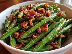Close-up of bright green beans tossed with crispy bacon bits served in a white bowl.