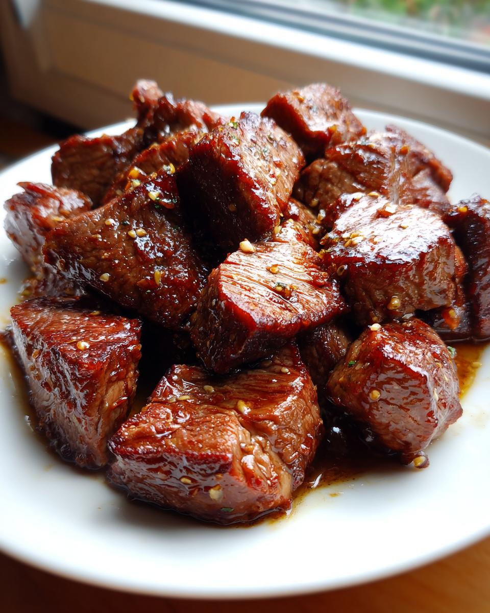Close-up of glossy, cubed hibachi steak pieces coated in sauce and sprinkled with sesame seeds on a white plate.