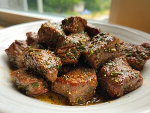 Close-up of perfectly cooked, cubed hibachi steak pieces coated in a savory, herby sauce on a white plate.