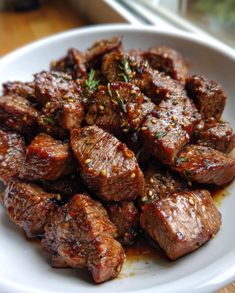 Close-up of bite-sized pieces of amazing hibachi steak coated in a savory glaze and sesame seeds.
