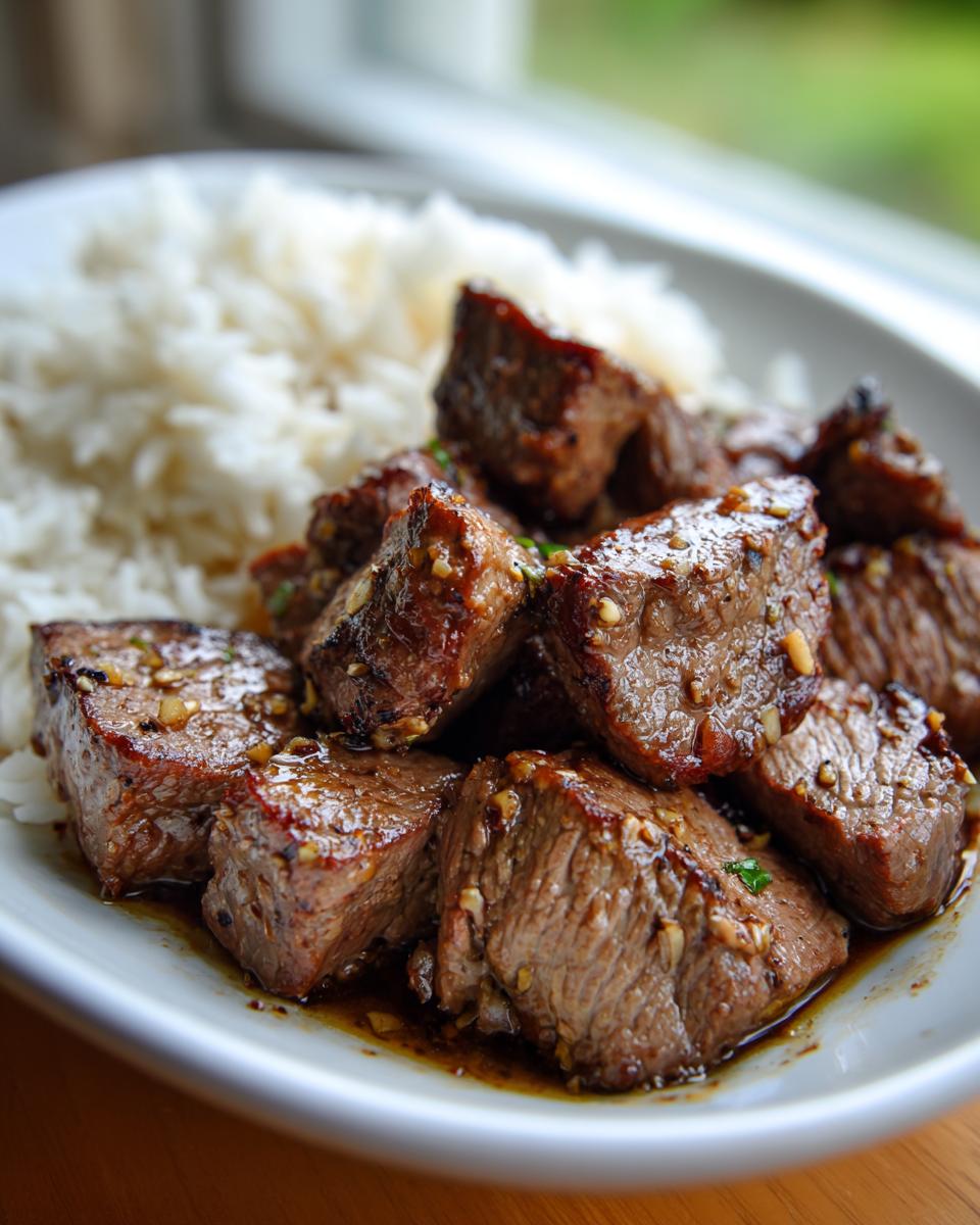 Close-up of juicy, cubed hibachi steak coated in sauce, served next to a mound of white rice.