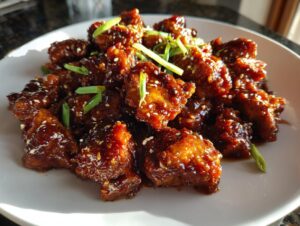 Close-up of crispy, glazed honey garlic chicken pieces garnished with sesame seeds and green onions.